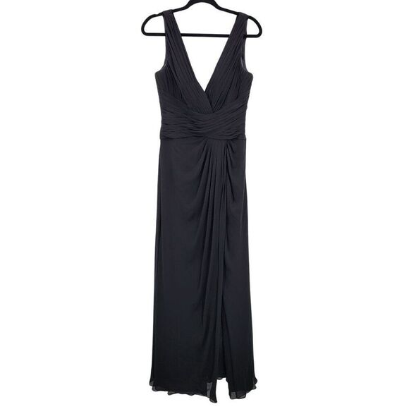 Vtg Black Pintuck Pleat V-Neck Sleeveless Formal Gown Sz 10 Front Slit Cocktail - Picture 2 of 11